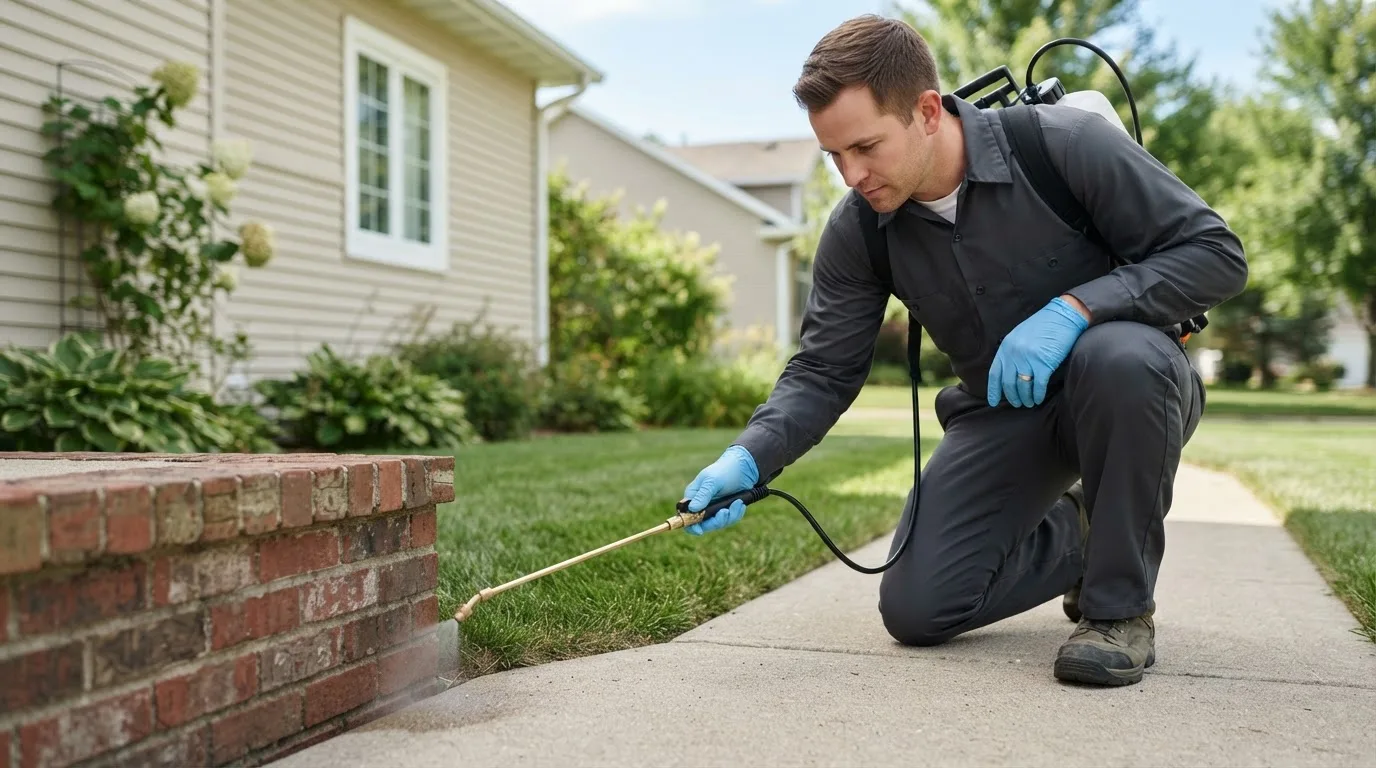 Pest control technician treating a home near East Peoria, IL