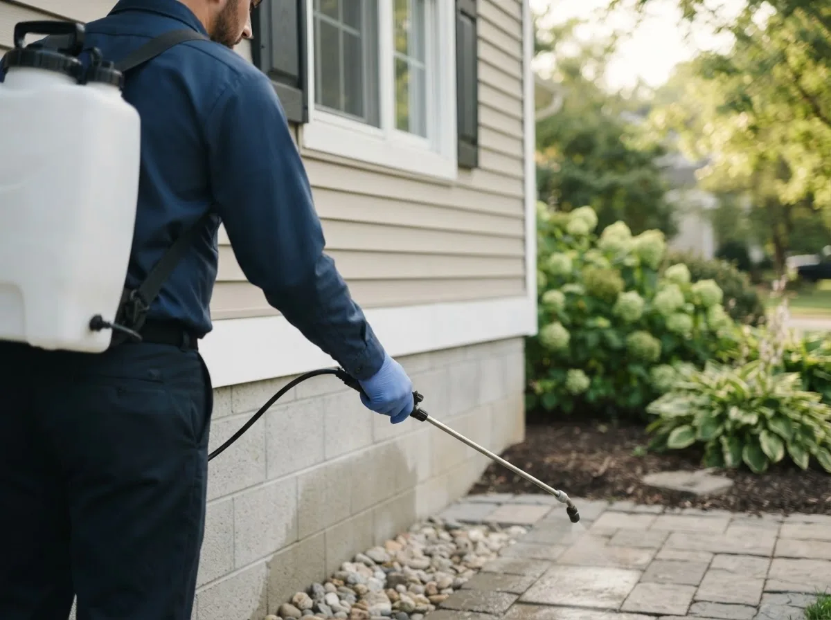Pest control technician inspecting a home in East Peoria, IL